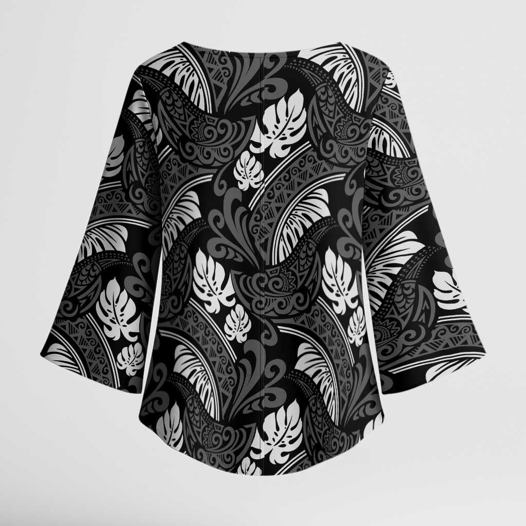 Grayscale Monstera Kimono Sleeve Blouse Polynesian Tribal Pattern LT01 - Polynesian Pride