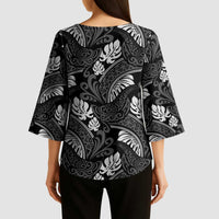 Grayscale Monstera Kimono Sleeve Blouse Polynesian Tribal Pattern LT01 - Polynesian Pride