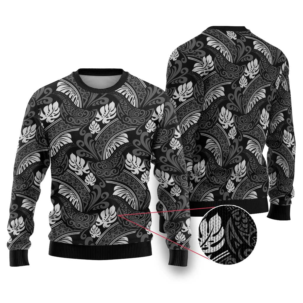 Grayscale Monstera Ugly Christmas Sweater Polynesian Tribal Pattern LT01 Black - Polynesian Pride