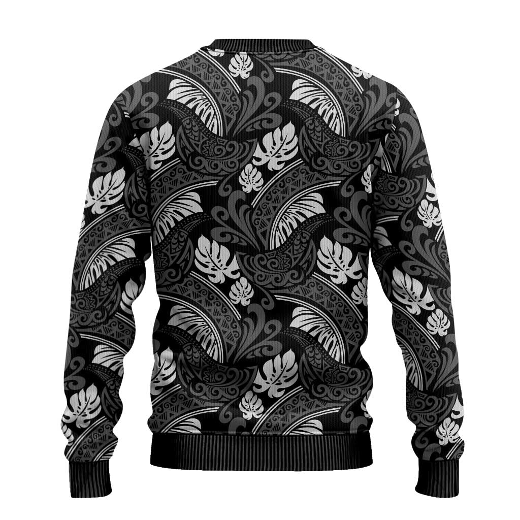 Grayscale Monstera Ugly Christmas Sweater Polynesian Tribal Pattern LT01 - Polynesian Pride