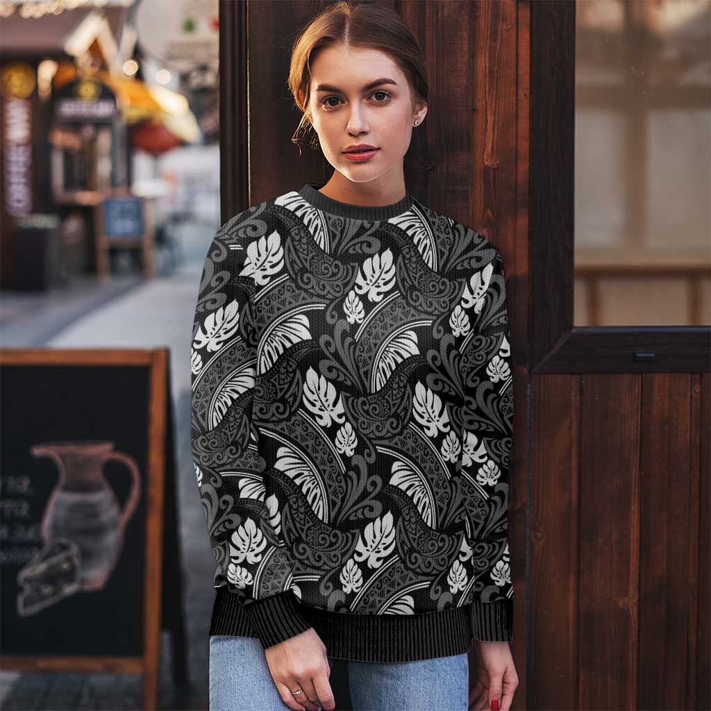 Grayscale Monstera Ugly Christmas Sweater Polynesian Tribal Pattern LT01 - Polynesian Pride
