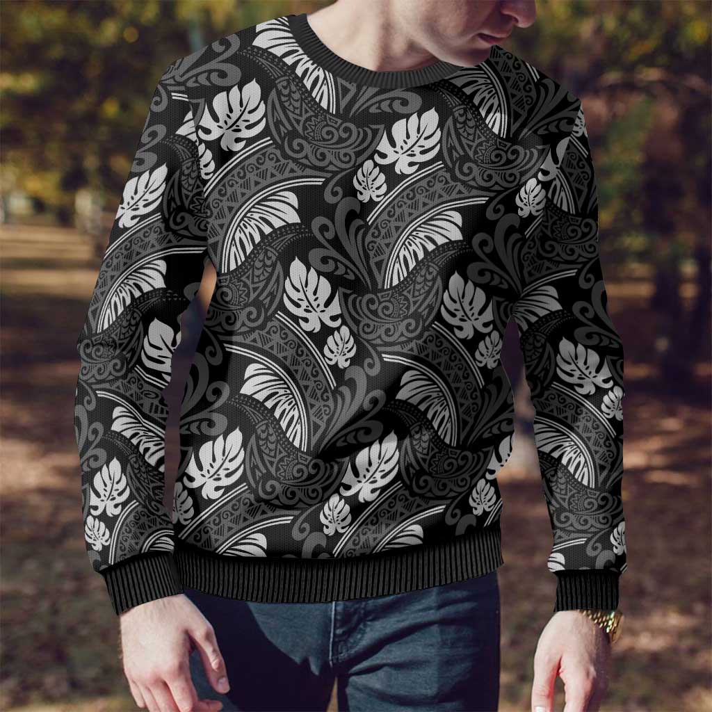 Grayscale Monstera Ugly Christmas Sweater Polynesian Tribal Pattern LT01 - Polynesian Pride