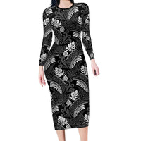 Grayscale Monstera Long Sleeve Bodycon Dress Polynesian Tribal Pattern LT01 Long Dress Black - Polynesian Pride
