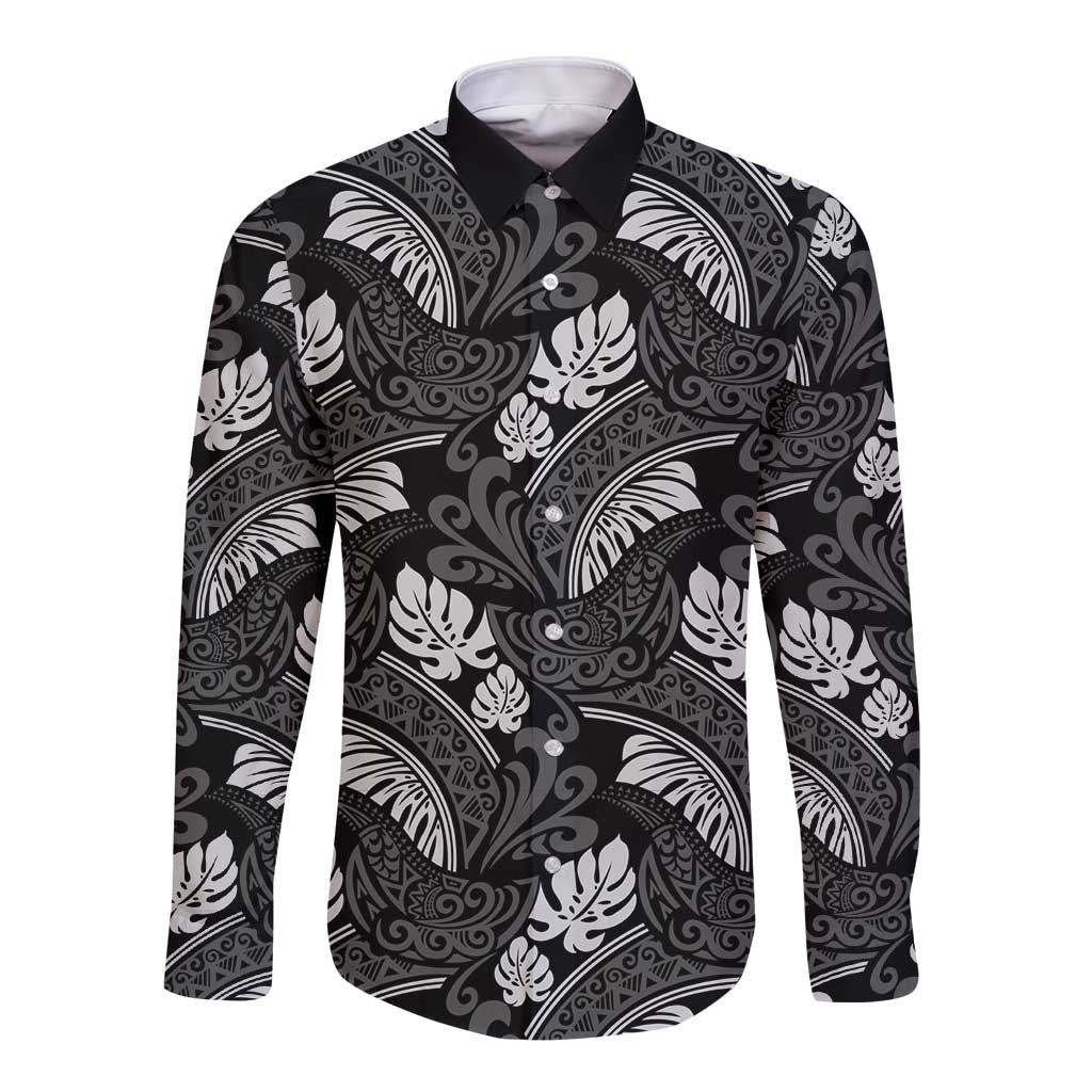 Grayscale Monstera Long Sleeve Button Shirt Polynesian Tribal Pattern LT01 Unisex Black - Polynesian Pride