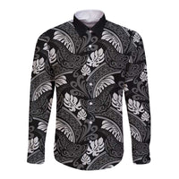 Grayscale Monstera Long Sleeve Button Shirt Polynesian Tribal Pattern LT01 Unisex Black - Polynesian Pride