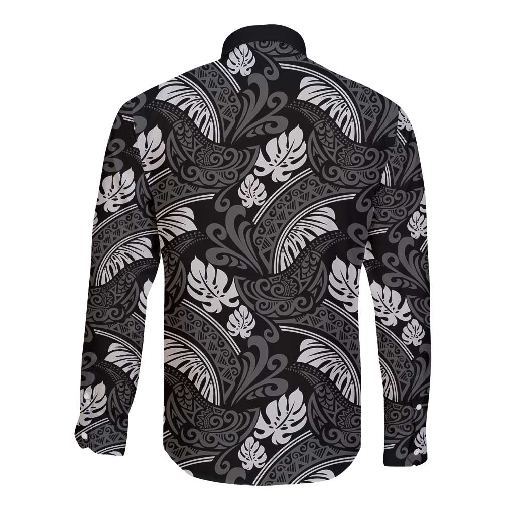 Grayscale Monstera Long Sleeve Button Shirt Polynesian Tribal Pattern LT01 - Polynesian Pride