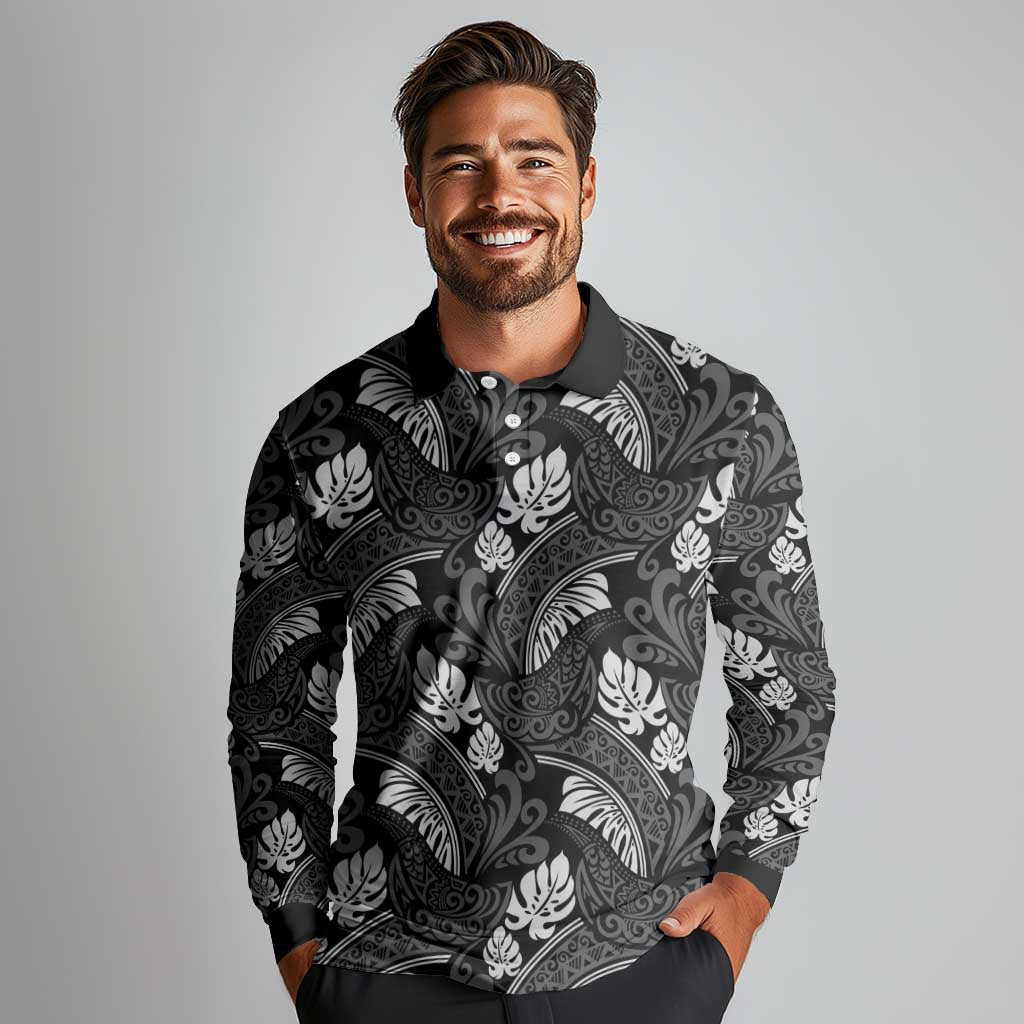 Grayscale Monstera Long Sleeve Polo Shirt Polynesian Tribal Pattern LT01 - Polynesian Pride