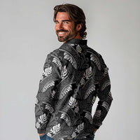 Grayscale Monstera Long Sleeve Polo Shirt Polynesian Tribal Pattern LT01 - Polynesian Pride