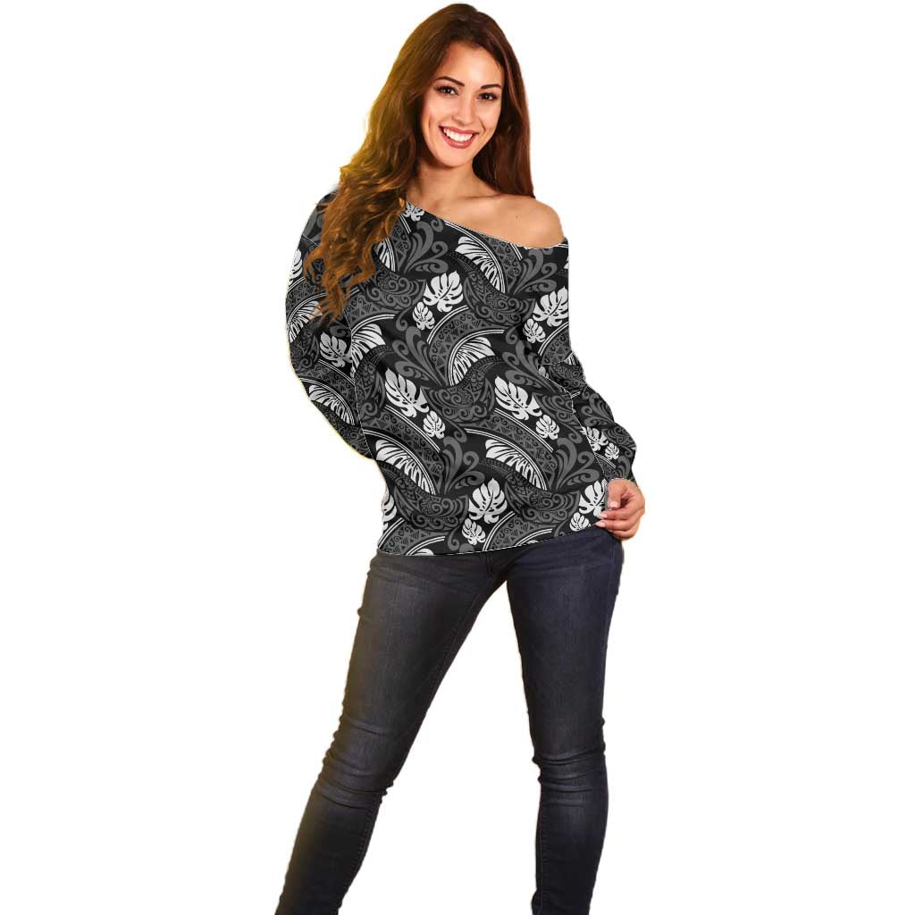 Grayscale Monstera Off Shoulder Sweater Polynesian Tribal Pattern LT01 - Polynesian Pride