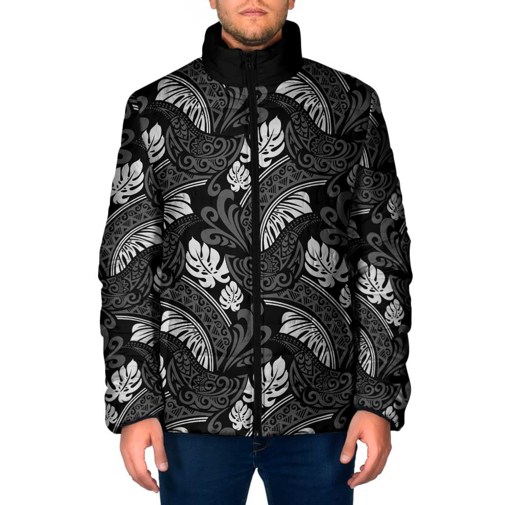 Grayscale Monstera Padded Jacket Polynesian Tribal Pattern LT01 Men Black - Polynesian Pride