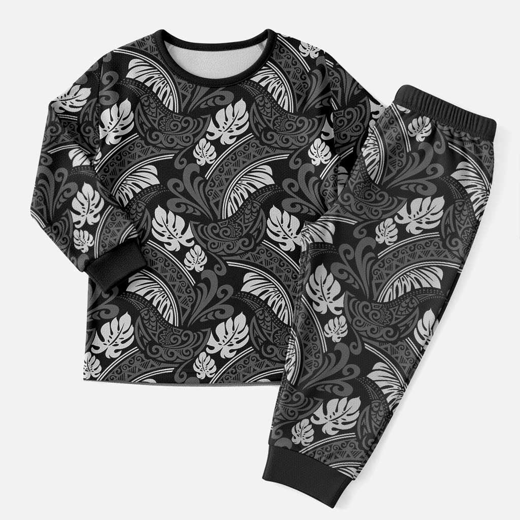 Grayscale Monstera Christmas Pajama Set Polynesian Tribal Pattern LT01 Men Black - Polynesian Pride