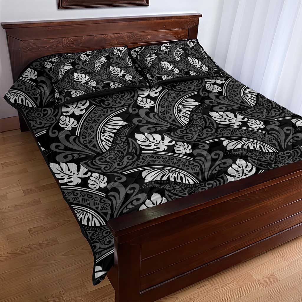 Grayscale Monstera Quilt Bed Set Polynesian Tribal Pattern LT01 - Polynesian Pride