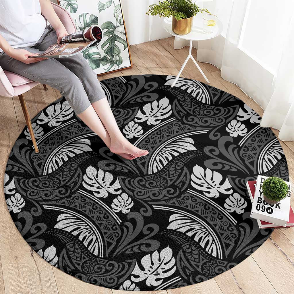 Grayscale Monstera Round Carpet Polynesian Tribal Pattern LT01 - Polynesian Pride