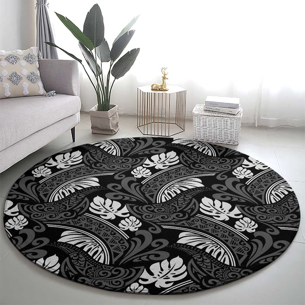 Grayscale Monstera Round Carpet Polynesian Tribal Pattern LT01 - Polynesian Pride