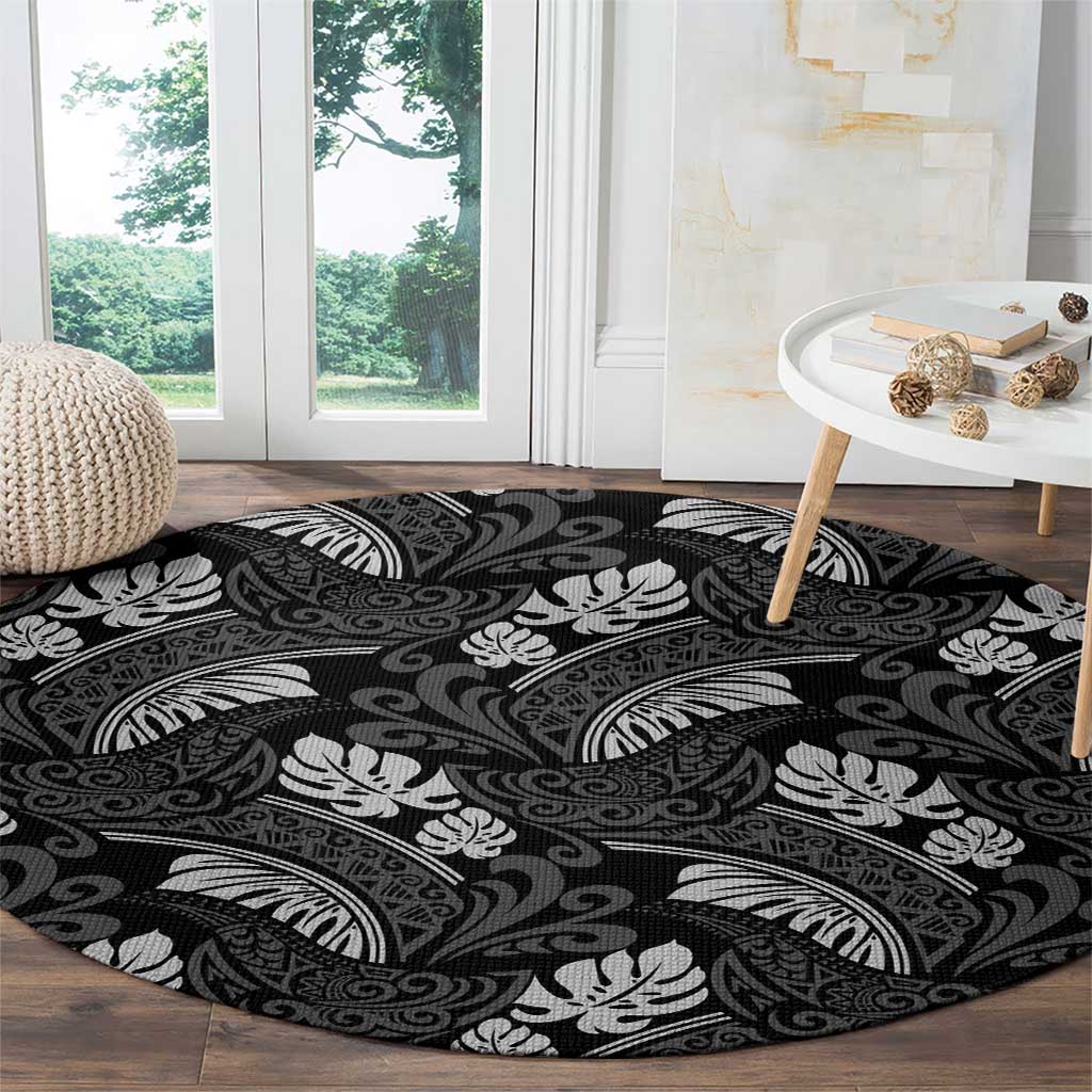 Grayscale Monstera Round Carpet Polynesian Tribal Pattern LT01 - Polynesian Pride