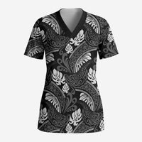 Grayscale Monstera Scrub Top Polynesian Tribal Pattern LT01 Adult Black - Polynesian Pride