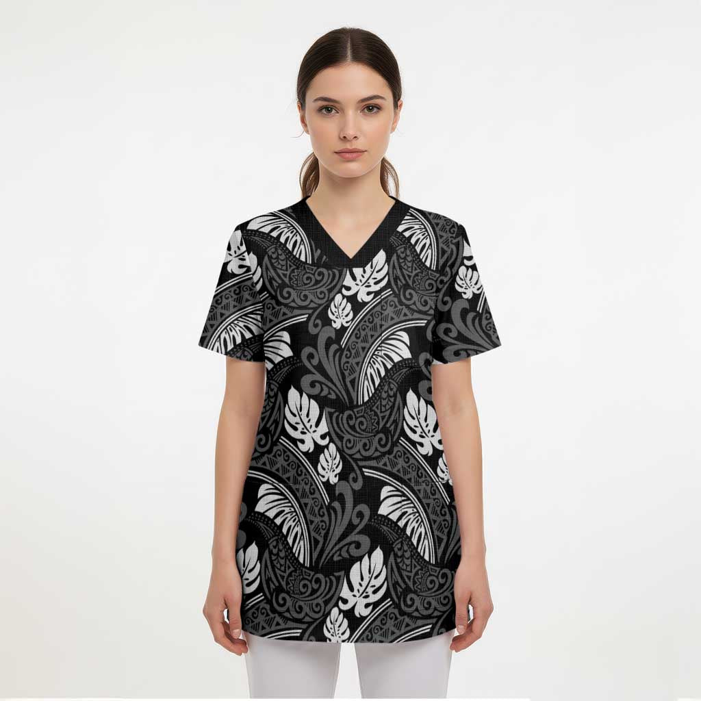 Grayscale Monstera Scrub Top Polynesian Tribal Pattern LT01 - Polynesian Pride