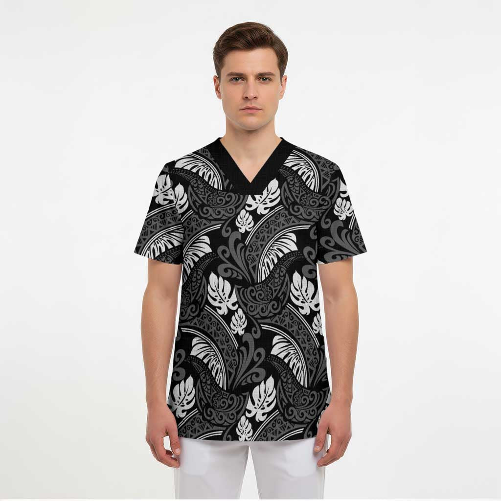Grayscale Monstera Scrub Top Polynesian Tribal Pattern LT01 - Polynesian Pride