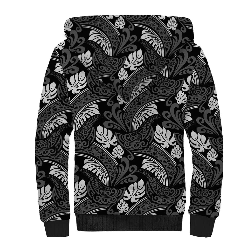 Grayscale Monstera Sherpa Hoodie Polynesian Tribal Pattern LT01 - Polynesian Pride