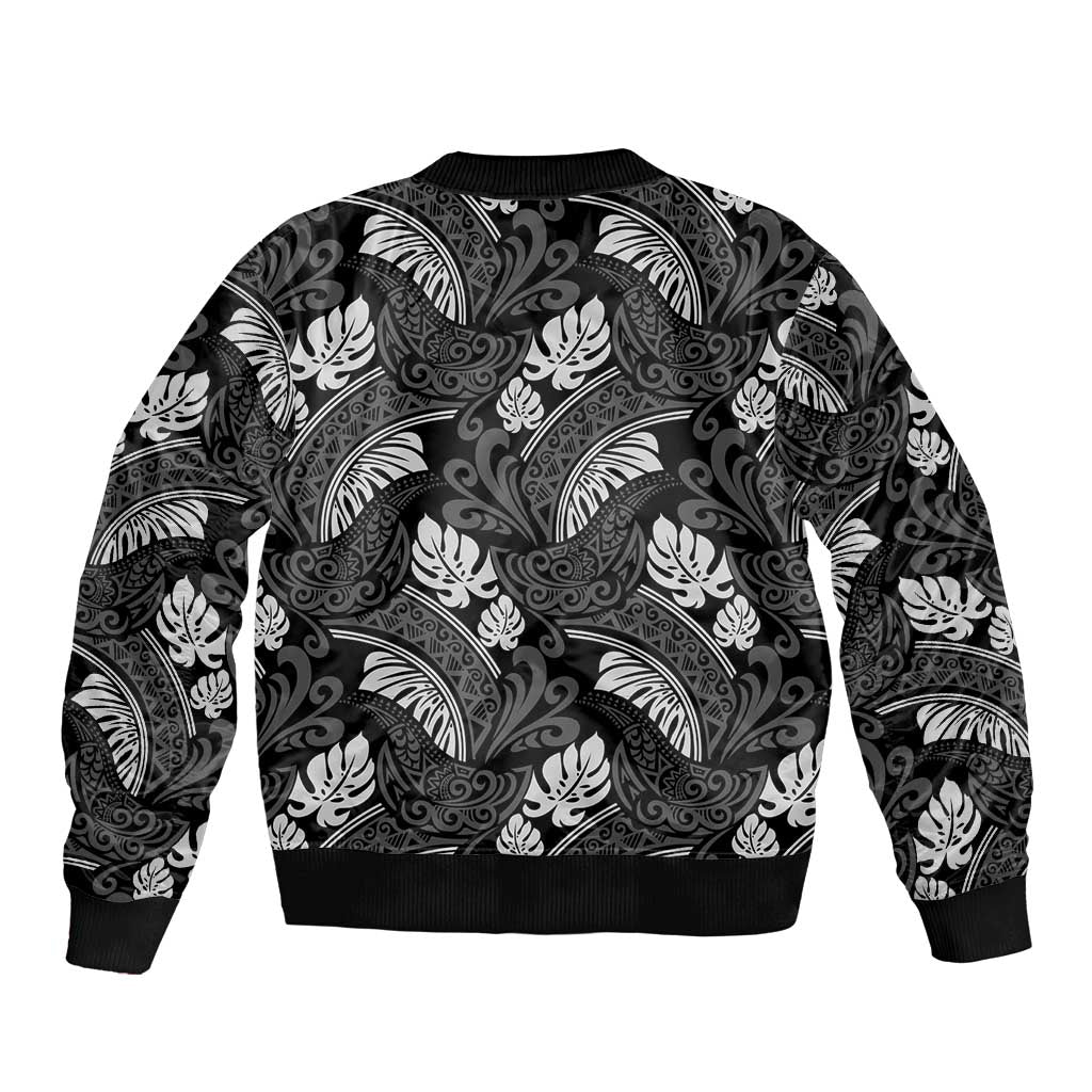 Grayscale Monstera Sleeve Zip Bomber Jacket Polynesian Tribal Pattern LT01 - Polynesian Pride