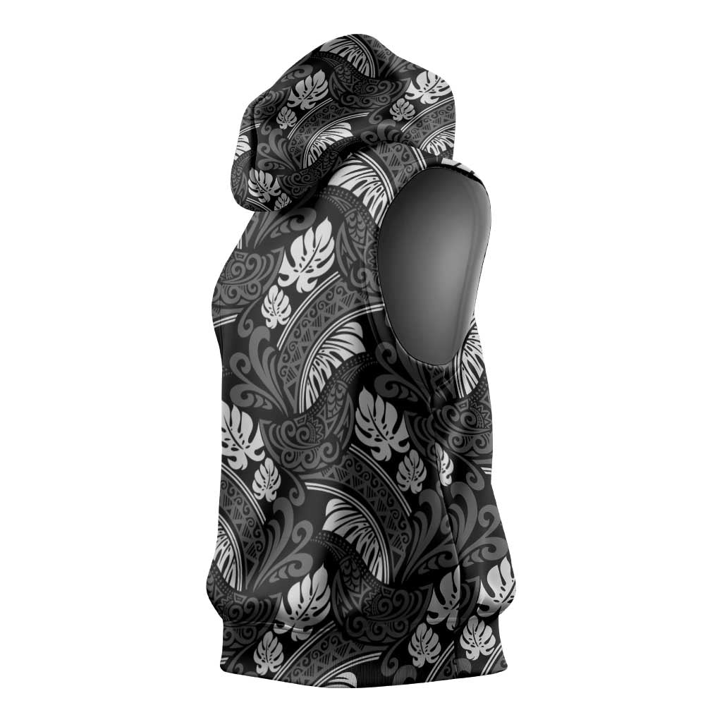 Grayscale Monstera Sleeveless Hoodie Polynesian Tribal Pattern LT01 - Polynesian Pride