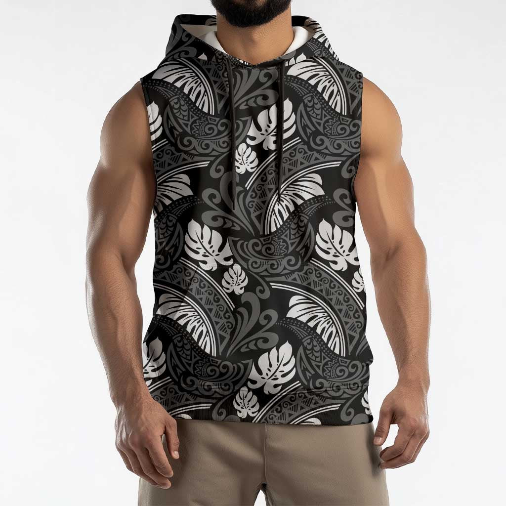 Grayscale Monstera Sleeveless Hoodie Polynesian Tribal Pattern LT01 - Polynesian Pride