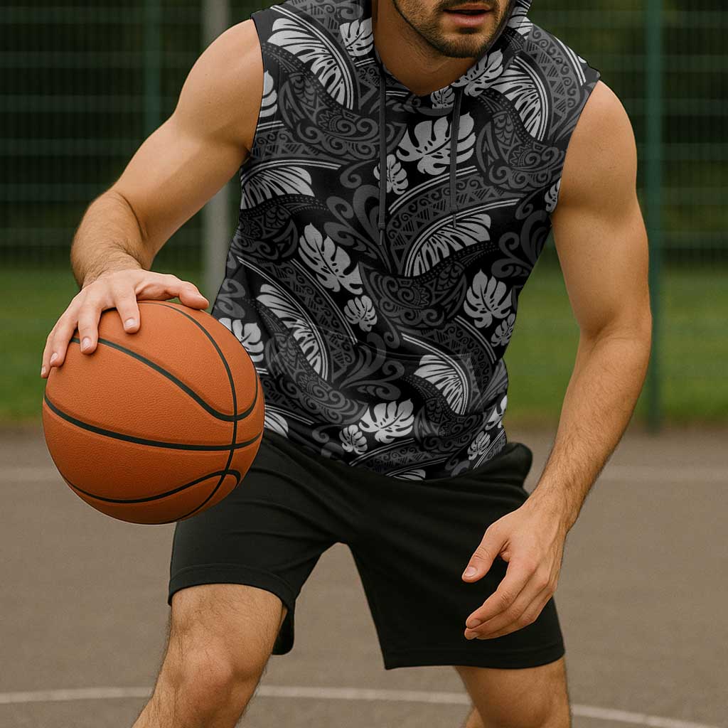 Grayscale Monstera Sleeveless Hoodie Polynesian Tribal Pattern LT01 - Polynesian Pride