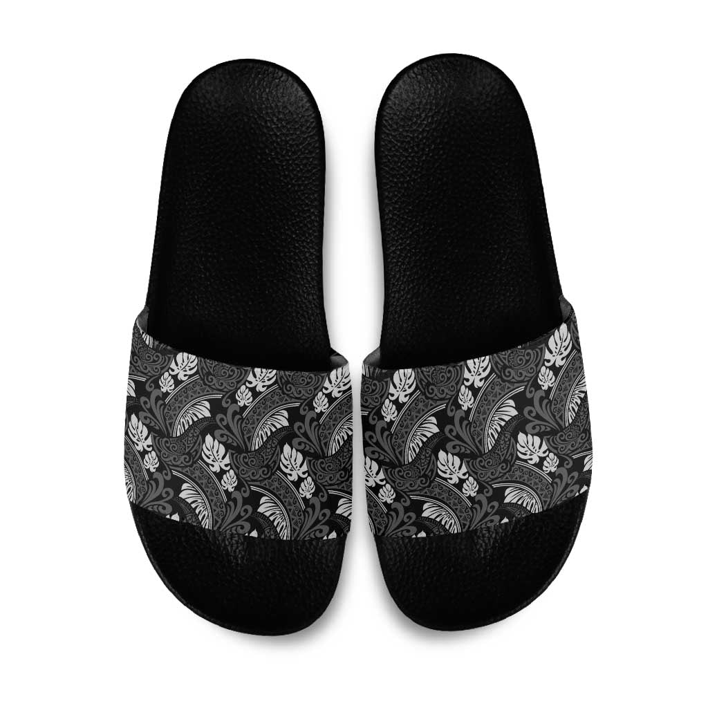 Grayscale Monstera Slide Sandals Polynesian Tribal Pattern LT01 Black - Polynesian Pride