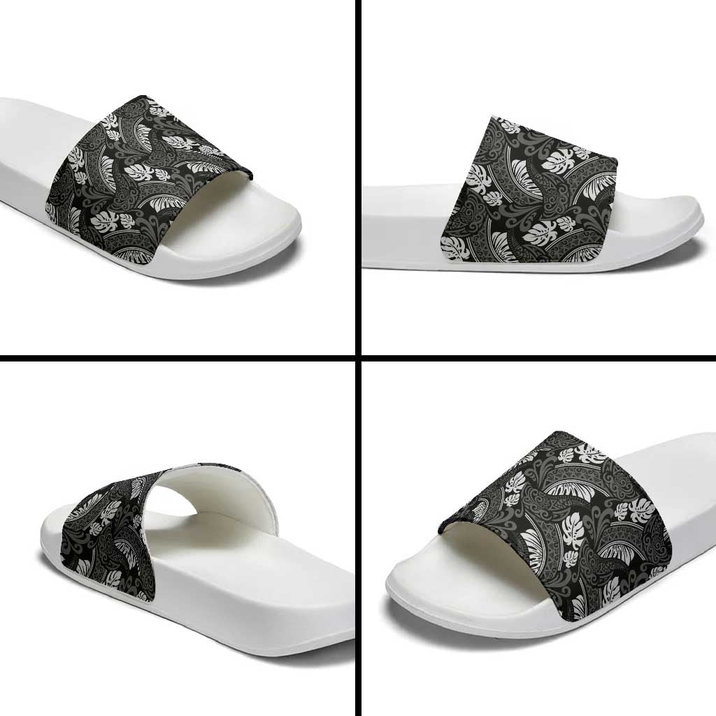 Grayscale Monstera Slide Sandals Polynesian Tribal Pattern LT01 - Polynesian Pride