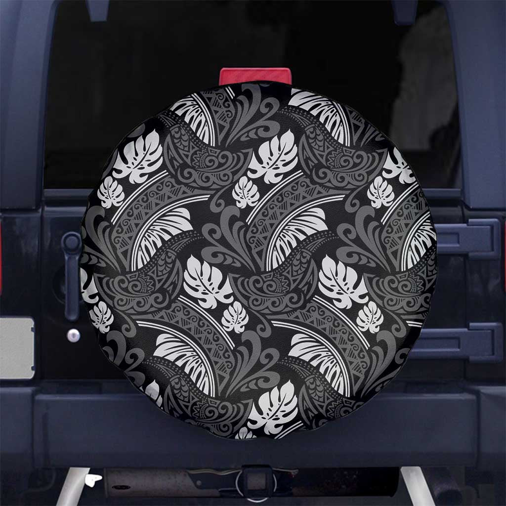 Grayscale Monstera Spare Tire Cover Polynesian Tribal Pattern LT01 No hole Black - Polynesian Pride