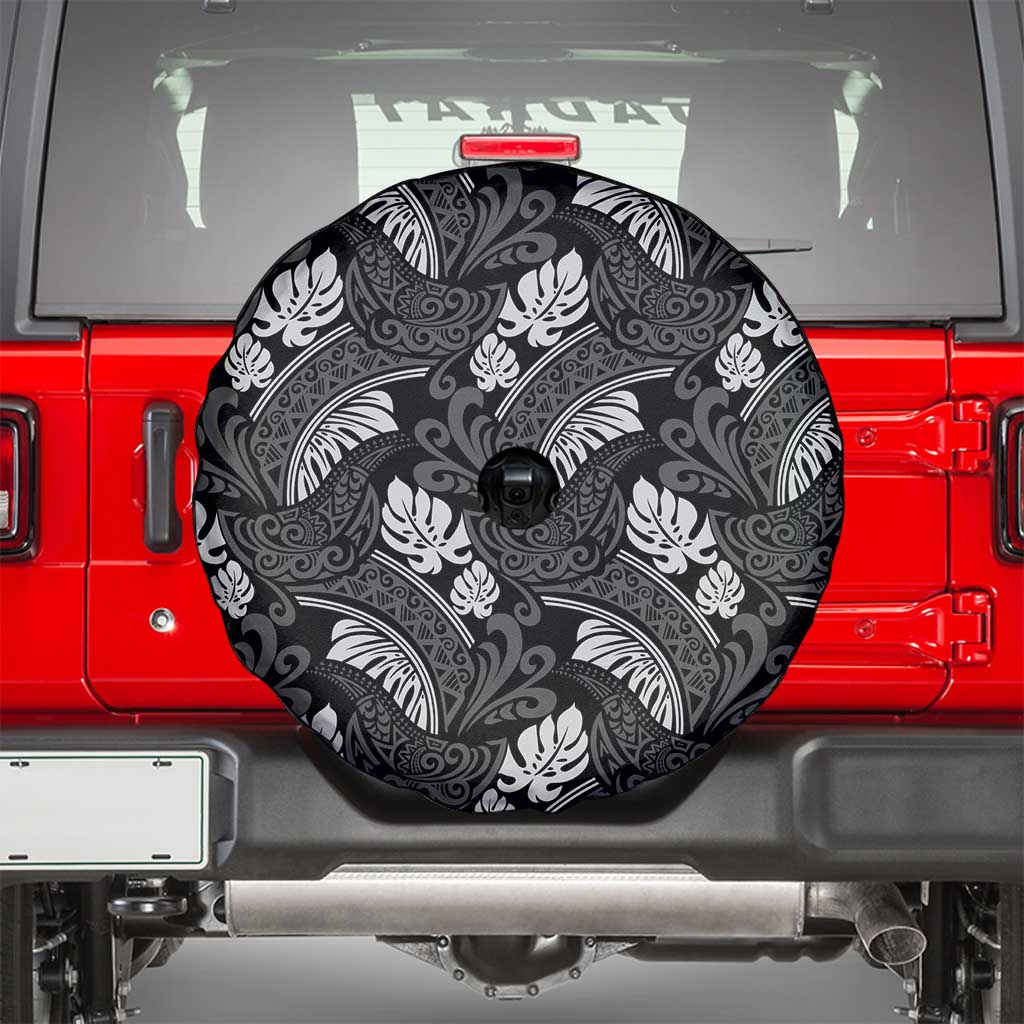 Grayscale Monstera Spare Tire Cover Polynesian Tribal Pattern LT01 - Polynesian Pride