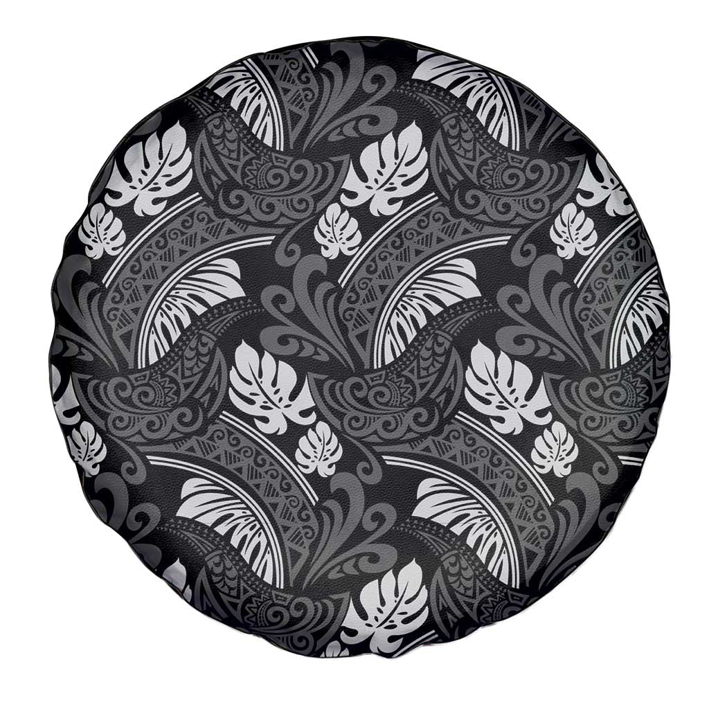 Grayscale Monstera Spare Tire Cover Polynesian Tribal Pattern LT01 - Polynesian Pride