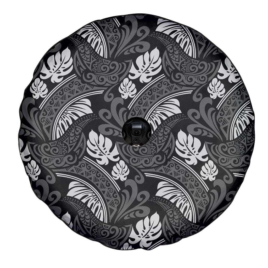 Grayscale Monstera Spare Tire Cover Polynesian Tribal Pattern LT01 - Polynesian Pride