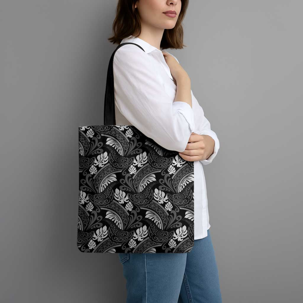 Grayscale Monstera Tote Bag Polynesian Tribal Pattern LT01 - Polynesian Pride
