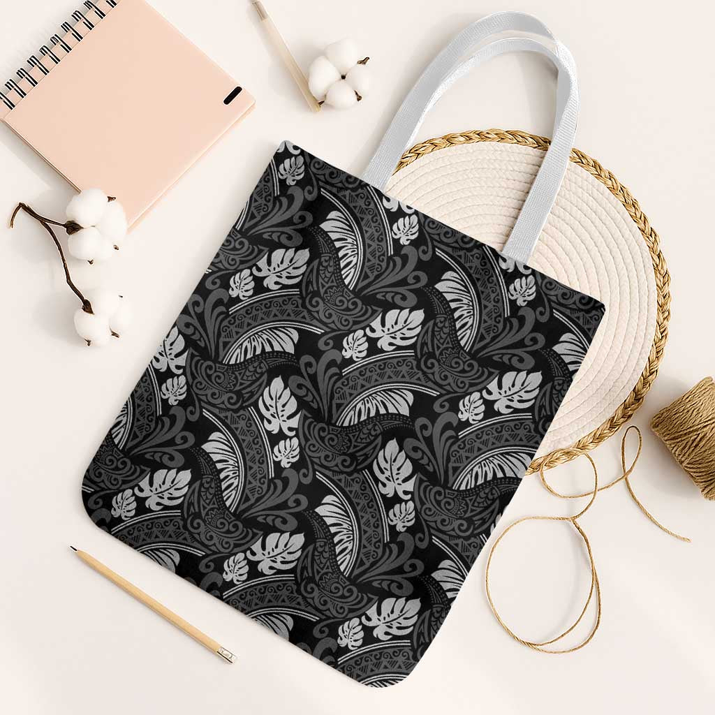 Grayscale Monstera Tote Bag Polynesian Tribal Pattern LT01 White Strap One Size Black - Polynesian Pride