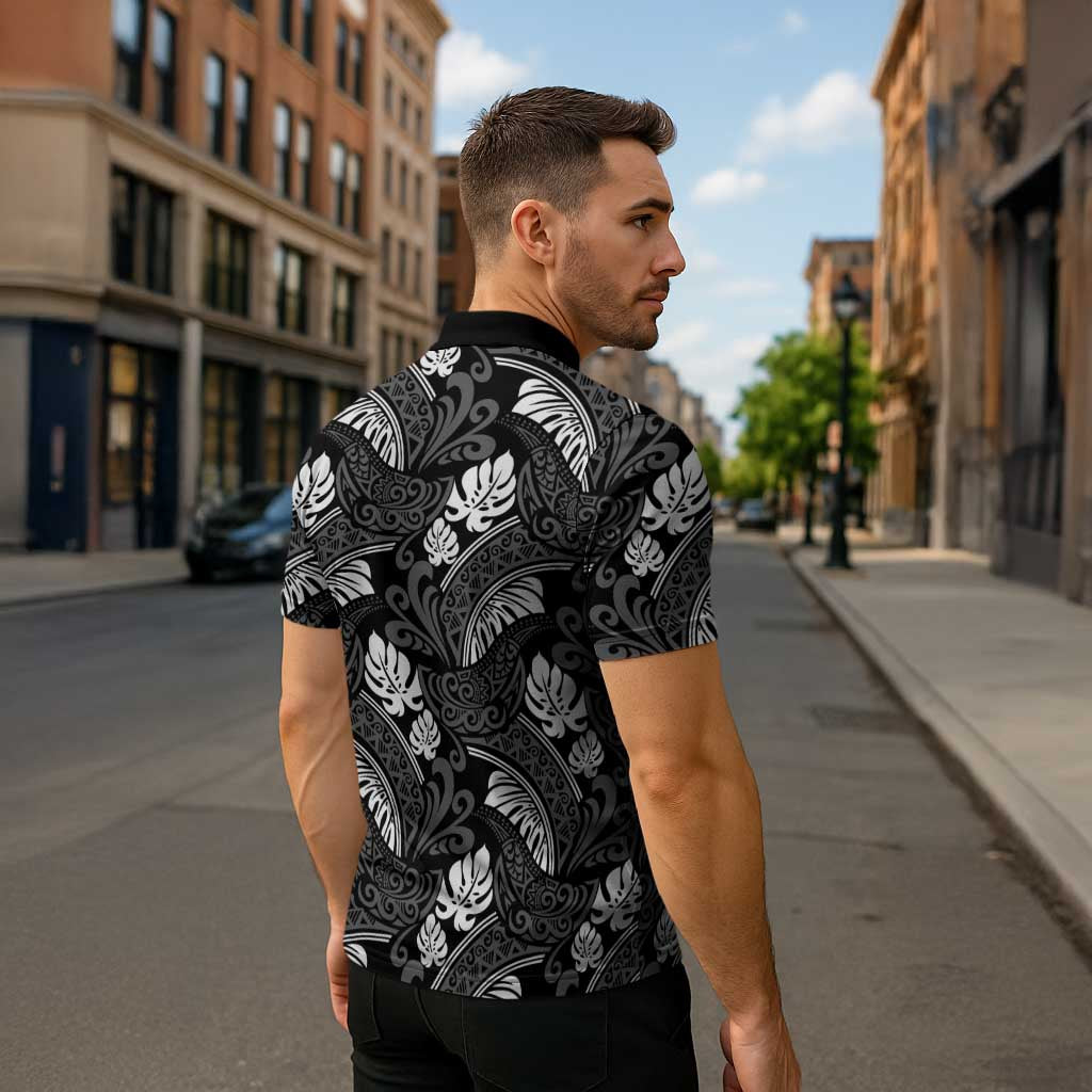 Grayscale Monstera Zipper Polo Shirt Polynesian Tribal Pattern LT01 - Polynesian Pride