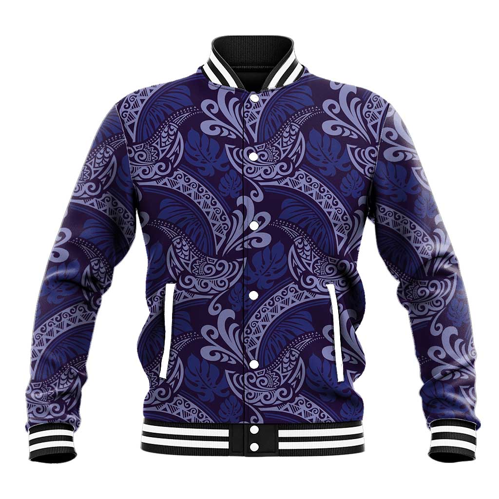 Deep Blue Monstera Baseball Jacket Polynesian Tribal Pattern LT01 Unisex Blue - Polynesian Pride