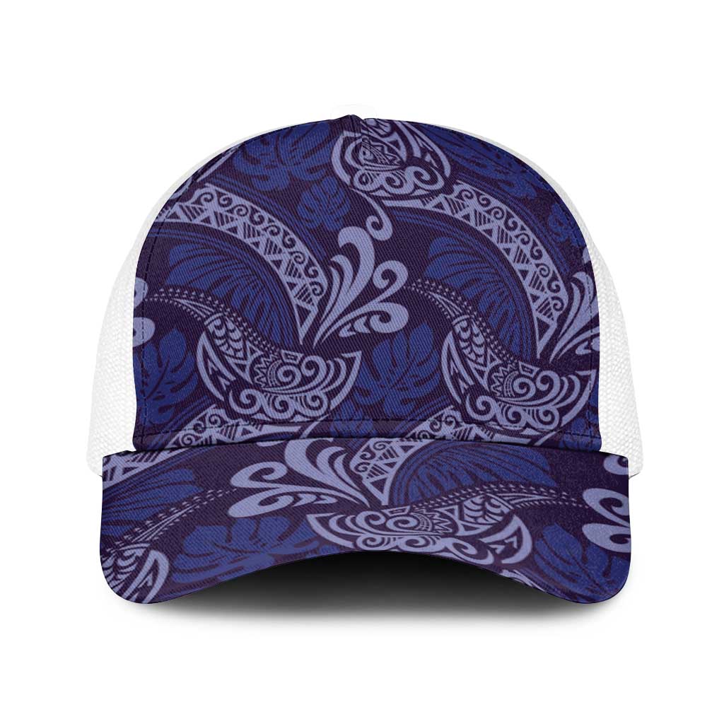 Deep Blue Monstera Baseball Net Cap Polynesian Tribal Pattern LT01 One Size White Blue - Polynesian Pride