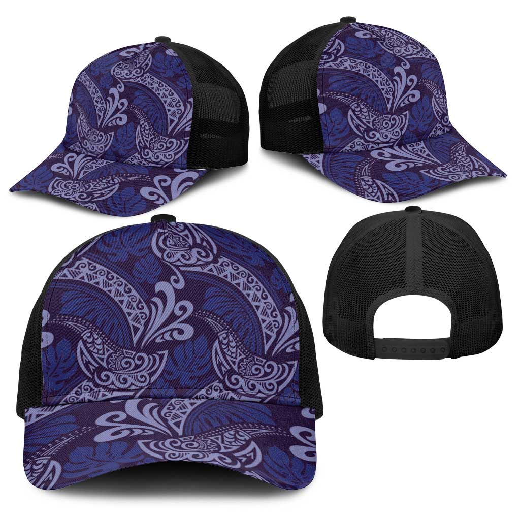Deep Blue Monstera Baseball Net Cap Polynesian Tribal Pattern LT01 - Polynesian Pride