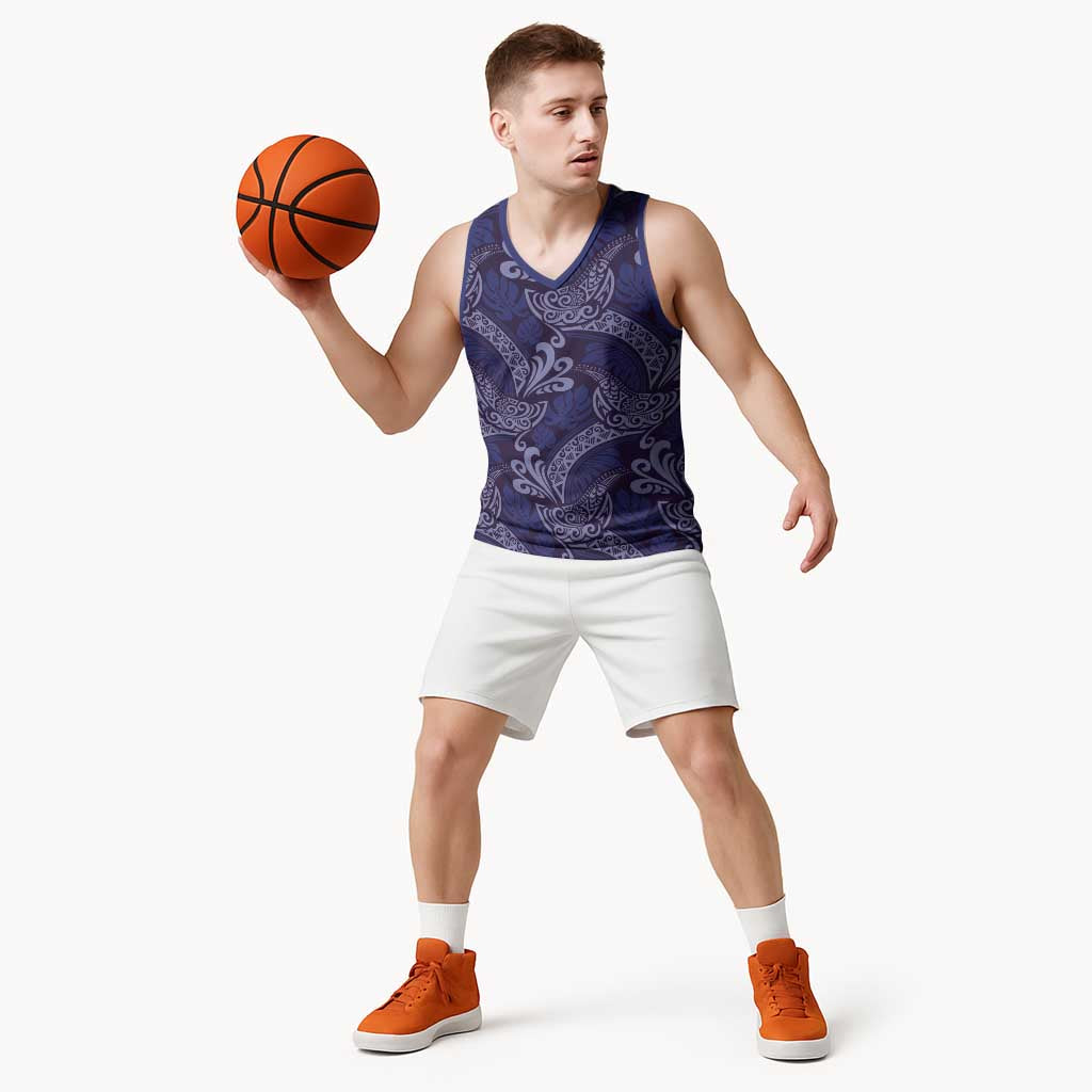 Deep Blue Monstera Basketball Jersey Polynesian Tribal Pattern LT01 - Polynesian Pride