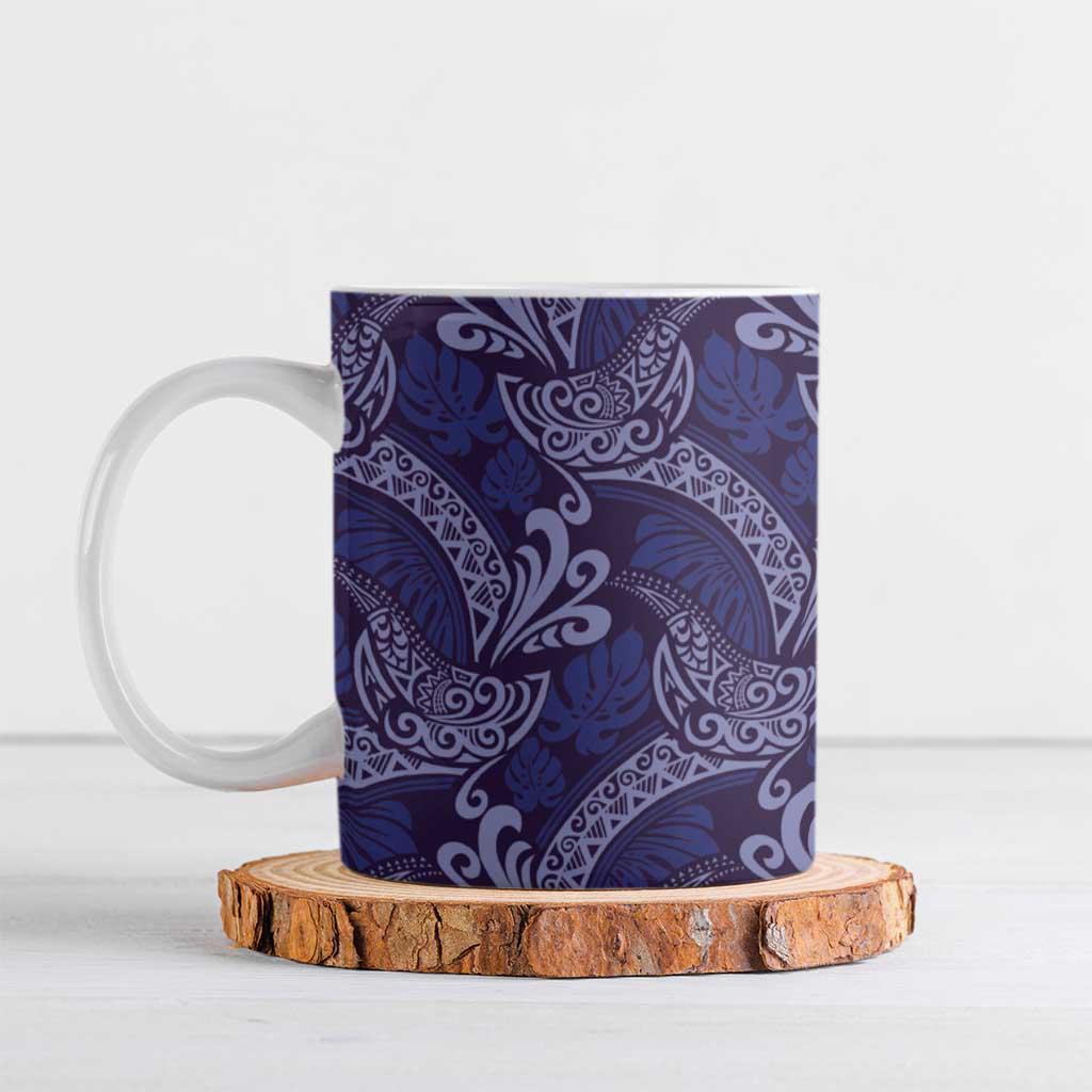 Deep Blue Monstera Ceramic Mug Polynesian Tribal Pattern LT01 Blue - Polynesian Pride