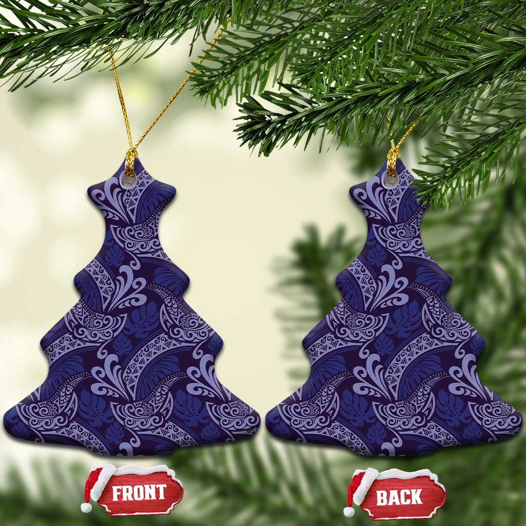 Deep Blue Monstera Ceramic Ornament Polynesian Tribal Pattern LT01 Christmas Tree Blue - Polynesian Pride