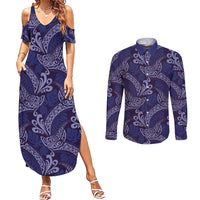 Deep Blue Monstera Couples Matching Summer Maxi Dress and Long Sleeve Button Shirt Polynesian Tribal Pattern LT01 Blue - Polynesian Pride