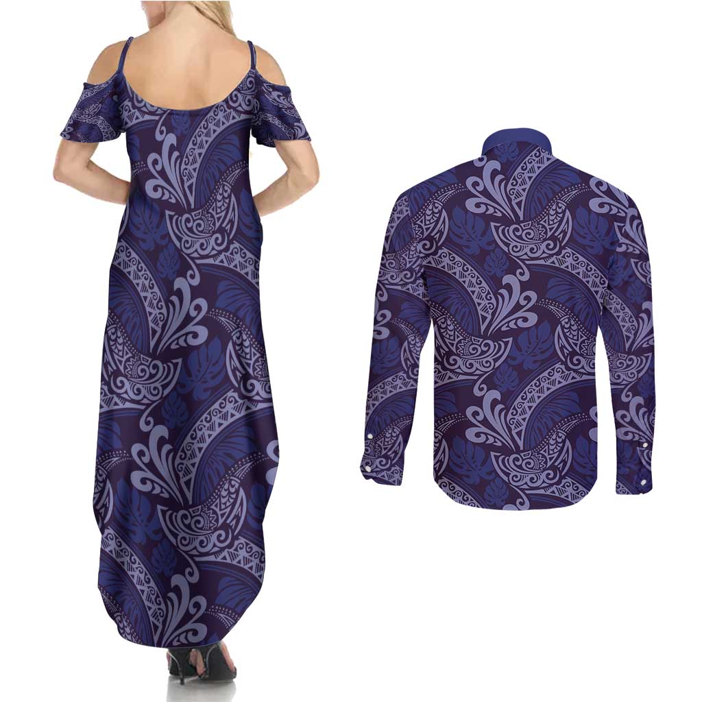 Deep Blue Monstera Couples Matching Summer Maxi Dress and Long Sleeve Button Shirt Polynesian Tribal Pattern LT01 - Polynesian Pride