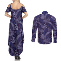 Deep Blue Monstera Couples Matching Summer Maxi Dress and Long Sleeve Button Shirt Polynesian Tribal Pattern LT01 - Polynesian Pride