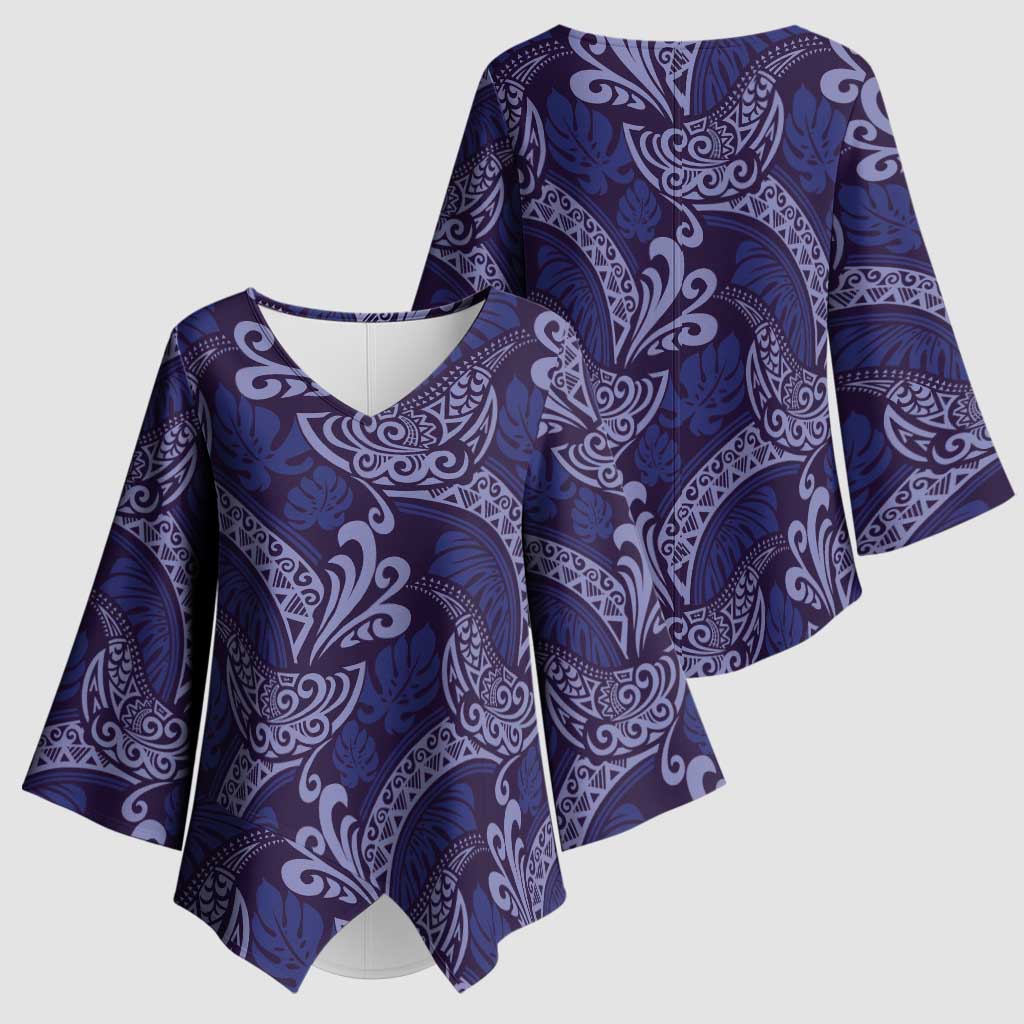 Deep Blue Monstera Kimono Sleeve Blouse Polynesian Tribal Pattern LT01 - Polynesian Pride