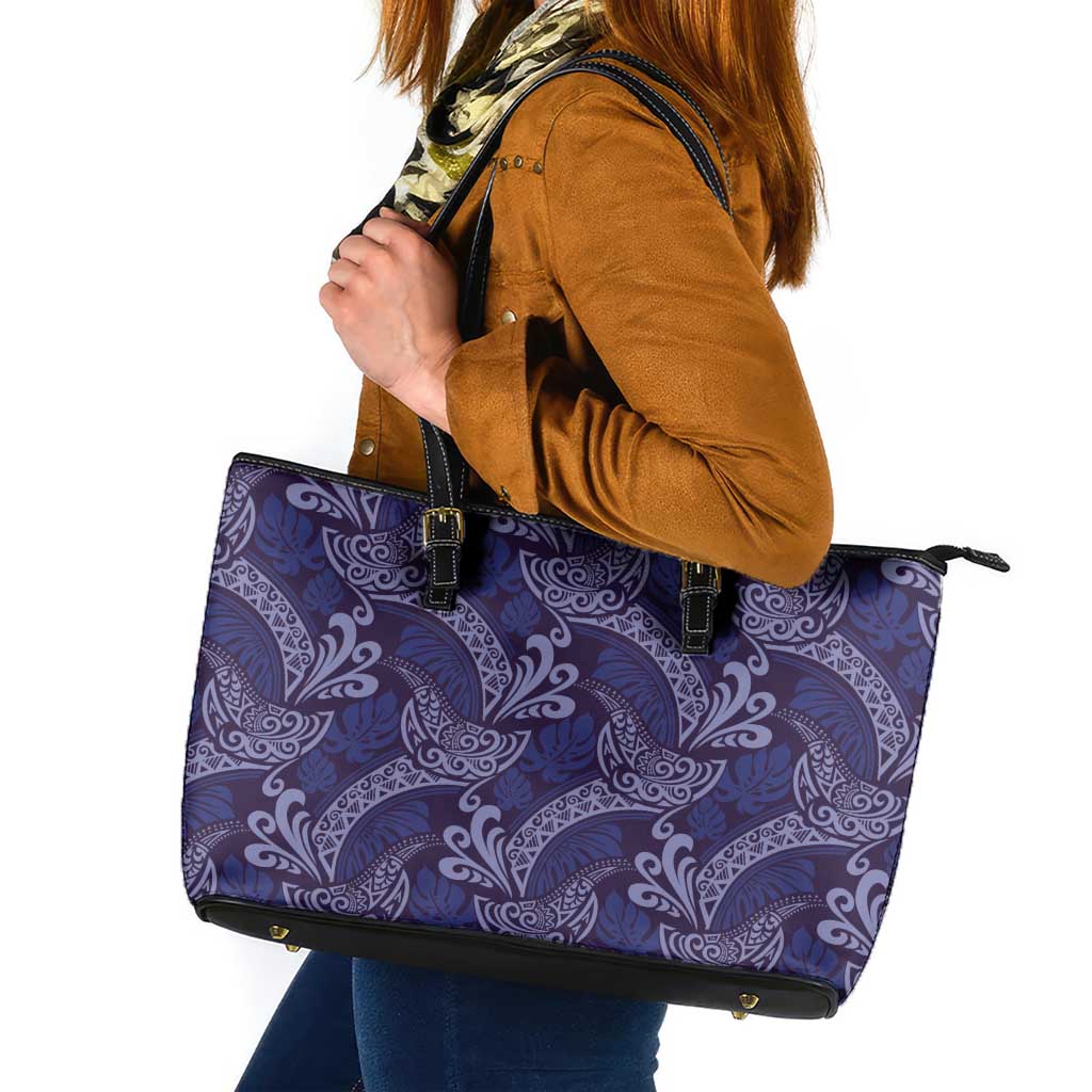 Deep Blue Monstera Leather Tote Bag Polynesian Tribal Pattern LT01 Blue - Polynesian Pride