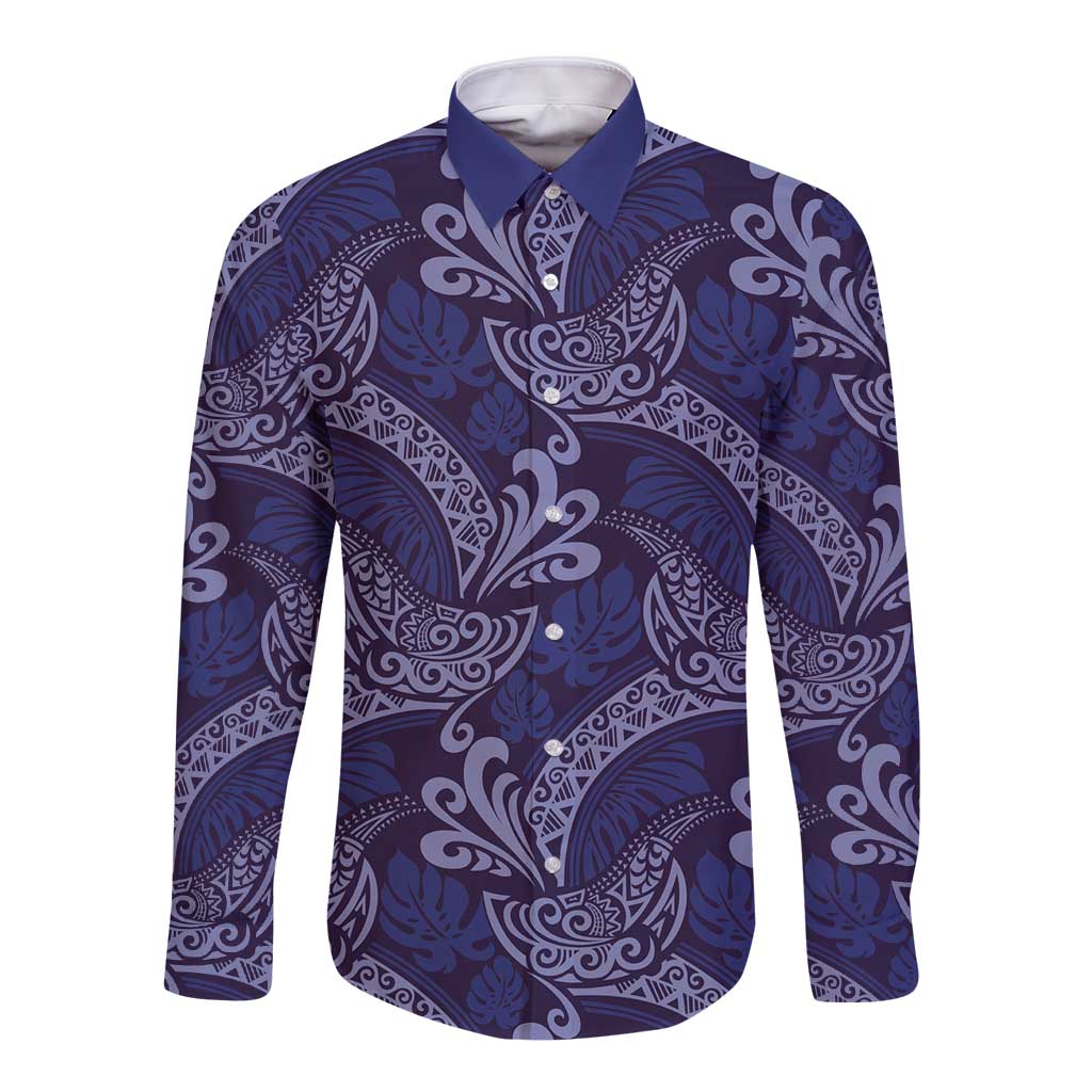 Deep Blue Monstera Long Sleeve Button Shirt Polynesian Tribal Pattern LT01 Unisex Blue - Polynesian Pride