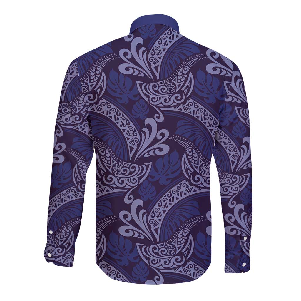 Deep Blue Monstera Long Sleeve Button Shirt Polynesian Tribal Pattern LT01 - Polynesian Pride