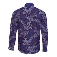 Deep Blue Monstera Long Sleeve Button Shirt Polynesian Tribal Pattern LT01 - Polynesian Pride